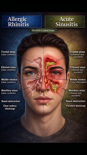 Health Conscious. on Instagram: "a detailed comparison of allergic rhinitis vs acute sinusitis showing clear vs inflamed sinuses, nasal obstruction, and types of discharge. stay informed and health conscious. hashtags: #allergicrhinitis #acutesinusitis #sinushealth #nasalcare #healthconscious"