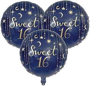 Havercamp Starry Night Sweet 16 Foil Balloons, 3 Pack 18in Round Mylar Balloons, Navy Ombre with Gold Letters, Sweet Sixteen Party