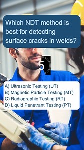 1.9K views |  NDT QUIZ TIME! Which method is best for detecting surface cracks in welds? 樂 A) UT B) MT C) RT D) PT Drop your answer in the comments ⬇️  Want to master all NDT methods? Join ANDT – Learn, Get Certified & Build a Future-Ready Career.  www.andt.co.in |  +91 95995 63764 #NDTQuiz #andtnisst #LearnNDT #NDTIndia #CareerInNDT | ANDT - Advanced Institute of Nondestructive Testing & Training | Facebook