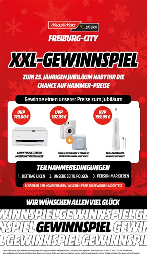 MediaMarkt Freiburg-City on Instagram: "XXL-Gewinnspiel zum Jubiläum! 🔥🎉 Zu unserem Jubiläum habt ihr die Chance auf echte Hammer-Preise! Gewinnt einen unserer tollen Preise zur Weihnachtszeit – vom Multifunktionsdrucker über die Instax-Kamera bis hin zur Oral-B Munddusche. So nehmt ihr teil: 1️⃣ Beitrag liken 2️⃣ Unsere Seite folgen @mediamarkt.freiburgcity 3️⃣ Eine Person markieren ▶ In den Kommentaren schreiben, welchen Preis du gewinnen möchtest Wir wünschen allen viel Glück! *Dieses Gewin
