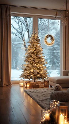 Cozy Scandinavian Christmas Living Room with Snowy View and Warm Fairy Lights