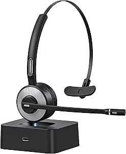 Wireless Bluetooth Headset V5.3 with Noise Cancelling Mic, Mute Button, Multipoint, and Charging Base