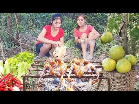 Grilling Big Chickens Outdoor | Spicy Forest Campfire Cooking & Eating 🌶️🐔🔥
