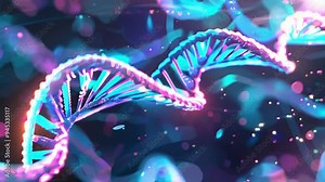DNA Double Helix: A mesmerizing and vibrant 3D rendering of a DNA double helix, illuminated with vibrant neon colors against a backdrop of swirling nebula-like particles. This abstract image evokes wo