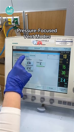 Pressure-Focused Vent Modes💨🫁 Pressure Control ✅Set Inspiratory Pressure ✅Set Rate ❌No set Tidal Volume PRVC = Pressure Regulated Volume Control ✅Set Target Tidal Volume ✅Set Initial Pressure Control ✅Pressure Adjusts ✅Only gives support needed Pressure Support ✅Weaning Mode ✅Need Respiratory Drive ❌No set RR or TV ✅Set Inspiratory Pressure CPAP = Continuous Positive Airway Pressure ✅For Sleep Apnea or Weaning ❌No set RR or TV ✅Set PEEP ✅Set FiO2 #vent #ventilator #respiratory #NCLEX #nursings