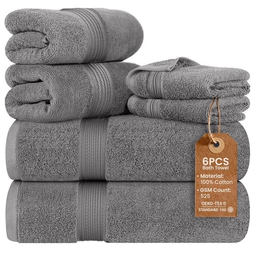 Lux Decor Bath Towel Set of 6 - 100% Cotton, Zero Twist Weave for Ultimate Softness - 2 Large Bath Towels, 2 Hand Towels & 2 Wash Cloths - High Absorbent & Quick Dry Grey Towels for Bathroom