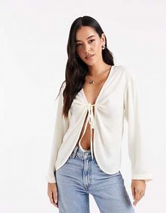 ASOS DESIGN satin v neck tie detail long sleeve blouse in ivory | ASOS