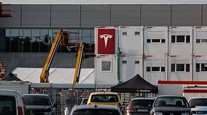 Tesla Raises Red Logo on Giga Berlin's Wall