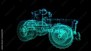 Tractor. Wireframe triangle formation of 3d Model tractor. Rotating 360 Degree. 4k animation.