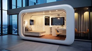Futuristic tiny home with modular furniture and minimalist design. Concept of compact living and modern interior solutions.