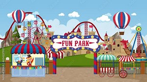 Outdoor fun park entrance scene with ticket booth and views of all the rides.