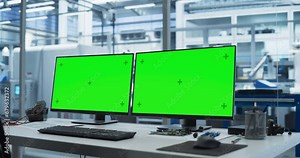 Electronics Conveyor Factory: Office with Two Computers with Green Screen Chroma Key Displays on a Table. Automated Assembly Line with Robot Arms Manufacturing Components in the Background