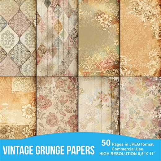 Vintage Grunge Digital Paper, Shabby Chic Scrapbook Backgrounds, Floral Junk Journal Pages, Antique Damask Texture, Printable Ephemera - Etsy
