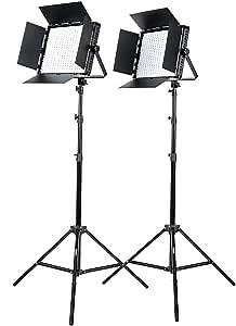 Fovitec StudioPRO - 2x Daylight 1200 LED Panel Bundle w/ Barndoors & Stands - [Continuous][Adjustable Lighting][V-Lock Compatible]
