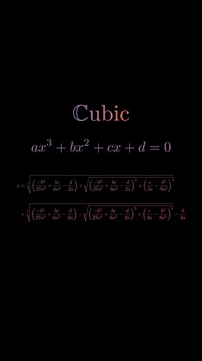 Math Animations on Instagram: "The quadratic formula is one of the first powerful tools students learn in algebra. It provides a simple and elegant way to solve any equation of the form ax² + bx + c = 0. With just three coefficients, you can plug them into a compact formula and immediately find the roots. This simplicity is one of the reasons the quadratic formula is so widely taught and remembered. In contrast, the cubic formula is a very different beast. While it does exist, solving an equatio