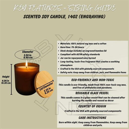 Scented Soy Candle Size Chart I Scented Soy Candle, 14oz Engraving Key Features I Candle Product Details I Candle Sized I Candle Sizing - Etsy