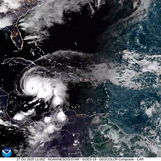 This geo-colour satellite image from the National Hurricane Centre (NHC), shows the weather systems currently active in the wider Caribbean region and up to midday, today. Forecasters from the T&T Met Service note that for Trinidad and Tobago… A generally hot and sunny day. A few partly cloudy spells and showers are possible over few areas. This evening and night will be generally fair, apart from the risk of the odd isolated shower. Meanwhile… Hurricane Melissa continues to barrel towards Jamai