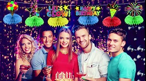 8 Pcs Glow Neon Birthday Party Decoration Honeycomb Centerpieces, Colorful Let’s Glow Happy Birthday Table Toppers Party Supplies, Neon Theme Glow Theme Table Centerpiece Sign Decor