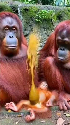 A pair of orangutans were shocked when their child defecated.