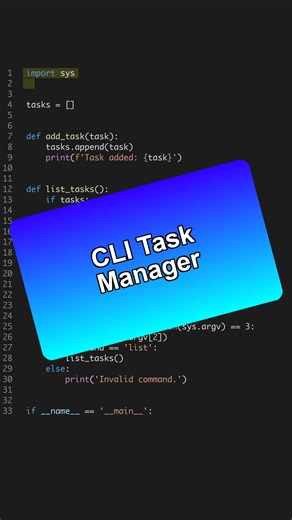 Transform your terminal with a Python CLI Task Manager! 🚀🛠️ #Efficiency --- Get the Python for AI course 6 projects at the link in bio. 🐍