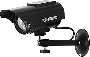WALI Solar Powered Bullet Dummy Fake Simulated Surveillance Security CCTV Dome Camera Indoor Outdoor with 1 LED Light, Warning Security Alert Sticker Decal (SOLTC-B1), Black