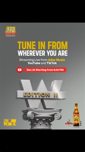Adey Music on Instagram: "We go live on YouTube & TikTok. The energy is real, the sound is locked. 🗓 Dec 20 | Kana Warehouse🎟 Tickets: Grab yours now at Pazimo.com In collaboration with @onarebel1 Powered by @stgeorgebeer #theWshow #adeymusic #onarebel"
