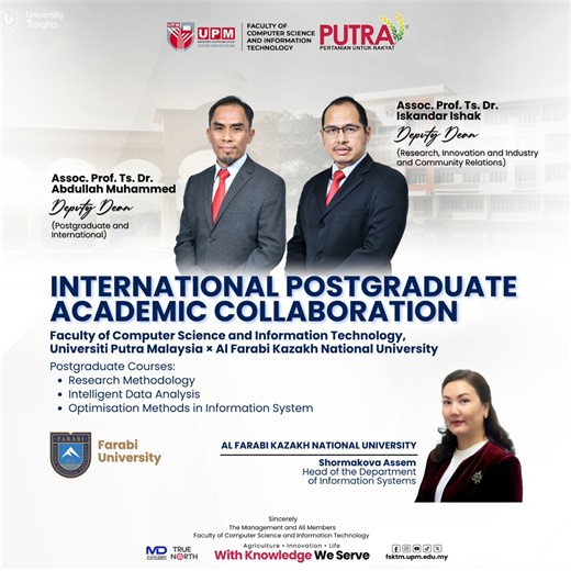 The Faculty of Computer Science and Information Technology (FCIST), Universiti Putra Malaysia, had the pleasure of collaborating with Kazakhstan National University in delivering the postgraduate course Research Methodology and Intelligent Data Analysis. Conducted by Assoc. Prof. Ts. Dr. Abdullah Muhammed and Assoc. Prof. Ts. Dr. Iskandar Ishak, the experience was truly enriching. Thank you to KNU for the strong collaboration-we look forward to more successful partnerships ahead. #FCIST #UPM #In