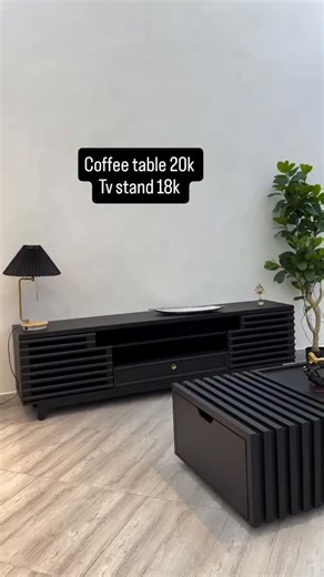 Bach furniture on Instagram: "This setup from BACHFURNITURE features a modern black coffee table and TV stand with a sleek, minimalist design. Coffee Table: The coffee table has a bold cube-like shape with a smooth flat top. One side is designed with a series of evenly spaced vertical slats, giving it a striking geometric and contemporary appearance. It’s both stylish and functional, acting as a centerpiece for the living room. TV Stand: The TV stand is long and rectangular, designed in the same