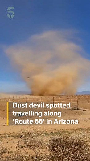A dust devil has been spotted travelling along the famous 'Route 66' in Arizona. It’s a short-lived whirlwind which forms in areas of strong surface heating. #dustdevil #Arizona #Route66 #US | Channel 5 News