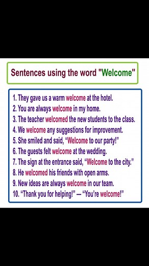 4.4K views · 115 reactions | Welcome meaning with example sentences #englishtips #learnenglishonline #englishlearning #vocabulary #englishvocabulary | English Learning | Facebook