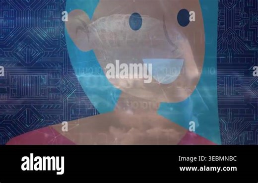 Animation of data processing over caucasian woman icon and computer circuit board. global technology, data processing and digital interface concept digitally generated video Stock Video Footage - Alamy