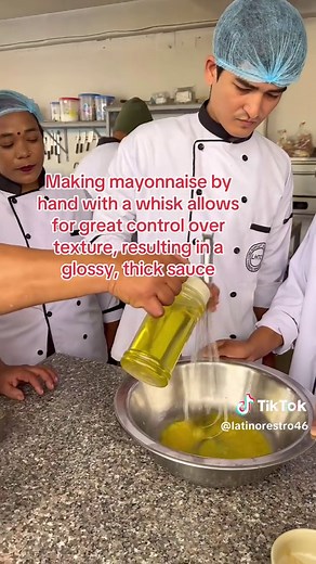Making mayonnaise by hand with a whisk allows for great control over texture, resulting in a glossy, thick sauce#hilightseveryonefollowerseelsfypシ゚viralvideo #creatorsearchinsights #foryoupageシforyou #hospitalityindustry #hospitalityindustry