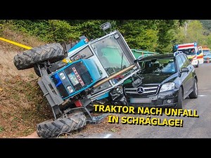 SPEKTAKULÄRER UNFALL MIT TRAKTOR - (Mercedes scheitert im Überholmanöver) - FEUERWEHR im EINSATZ