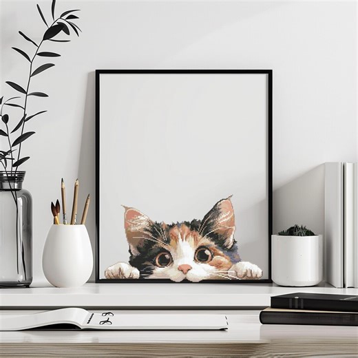Cat Cross Stitch Pattern Instant PDF Download - Peeking Cat Watercolor Cross Stitch Hand Embroidery Peeking Animal Calico Cat Pattern - Etsy UK