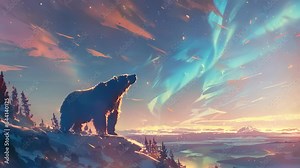 The majestic silhouette of a polar bear against a backdrop of dancing Northern Lights as it roams the frigid Arctic landscape.