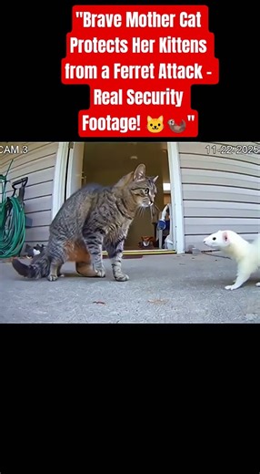 "Brave Mother Cat Protects Her Kittens from a Ferret Attack – Real Security Footage! 🐱🦦"#BraveCat
