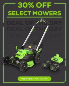 Today only! ⏰ 30% off select Mowers with code "CYBERWEEK6".🔋 Shop Now👇 https://m.greenworkstools.com/49GzTX6 While supplies last. Exclusions apply. Only valid on greenworkstools.com. Ends 12/2 at 11:59 pm EST. #Greenworks #CyberWeek #DealOfTheDay #CyberSaturday | Greenworks