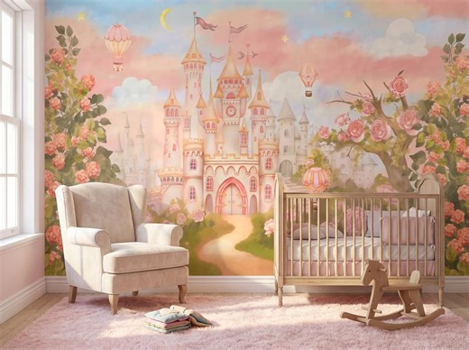 Fairy Tale Castle Wallpaper – Pink Rose Garden Mural With Balloons and Turrets - Etsy