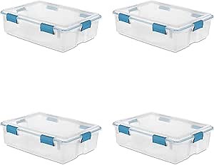 Sterilite 37 Qt Gasket Box, Stackable Storage Bin with Latching Lid and Tight Seal, Plastic Container to Organize Underbed, Clear Base and Lid, 4-Pack