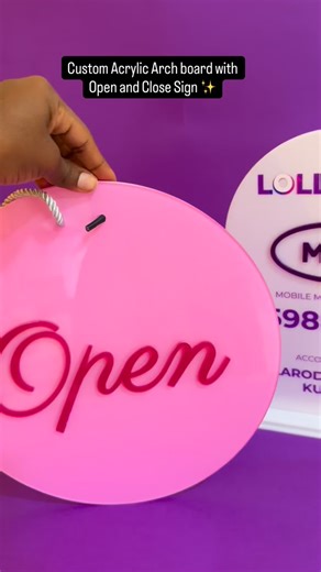 Icey Designs | Signage, Printing, Branding on Instagram: "Elegance at the entrance. This custom arch sign paired with an open/close sign was created for a beautiful brand and yes, we can customize one perfectly for yours too😌💛"