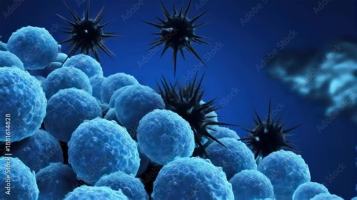 Realistic 3D Animation: T Cells Defending Against Viral Pathogens in a Blue Environment, close up