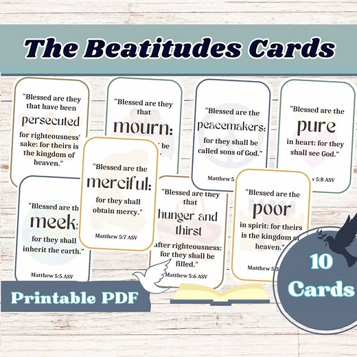 The Beatitudes, Beatitudes, Beatitudes Printable, Matthew 5, Sunday School Prints, Kids Bible Cards, Bible Flash Cards, Bible Verse Cards - Etsy