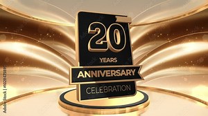 20 years, 20th anniversary logo loop, looped video background, backdrop in 3D Gold