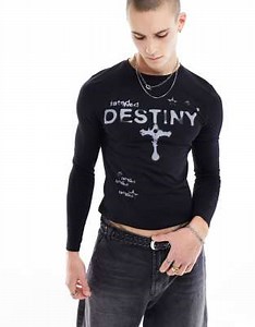 ASOS DESIGN - Maglietta a maniche lunghe attillata nera con stampa “Destiny” sul petto | ASOS