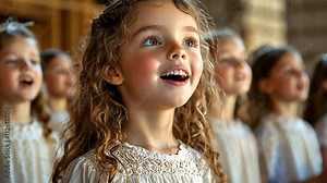 video of children singing in church choir, close up, singing, kids performing on stage, singer, girls and boys singing at school concert