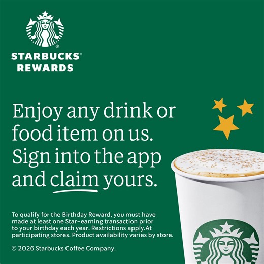Your birthday = our treat 🎂Starbucks® Rewards members get a free drink to celebrate every year. Cheers to you! | Starbucks Canada