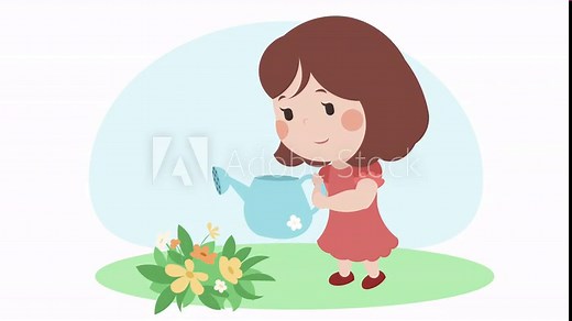 Flat cartoon style looped video of a sweet little girl happily watering plants and flowers. Gardening, environmental care, childhood concepts. 4k