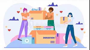 people organizing a donation drive highlighting community support and generosity Includes donation box and medicine jar in a vibrant style illustration animated video Stock Video