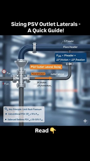 Sizing PSV Outlet Laterals - A Quick Guide! Are you a process or piping engineer tasked with sizing the outlet lateral for a Pressure Safety Valve (PSV)? Getting this right is critical for safety and system performance! Incorrect sizing can lead to excessive back pressure, potentially causing the PSV to chatter or fail to open fully when needed. 🔑 The Key Principle: Limit Back Pressure: The goal of sizing the outlet lateral is to ensure that the maximum built-up back pressure at the PSV's outle