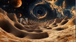 Pushing over surreal desert alien landscape as stars and a black hole swirl overhead.